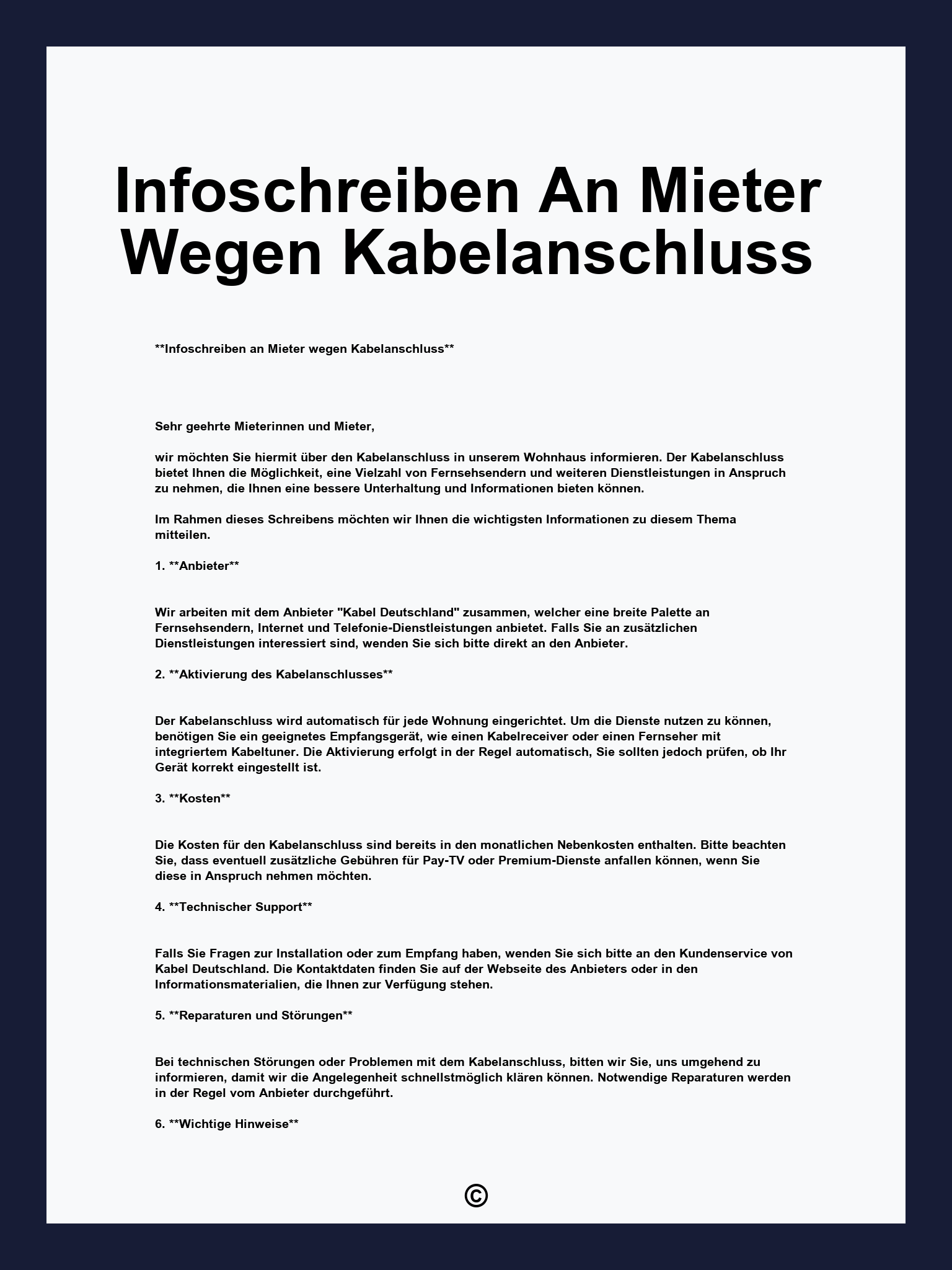 Infoschreiben An Mieter Wegen Kabelanschluss